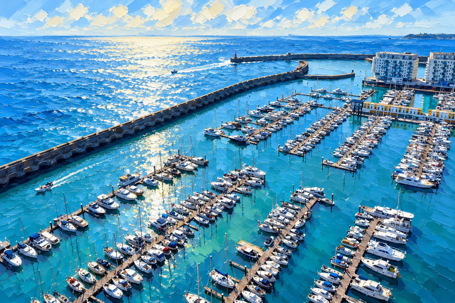 Aerial painting of Brighton Marina: rows of pontoons packed with boats inside the long curved breakwater, with the open Channel beyond