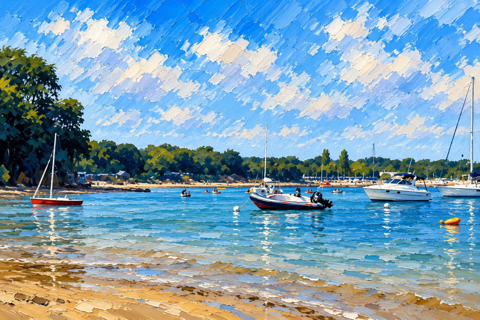 Painting of Studland Bay: a sandy foreshore and clear shallows, a red-hulled yacht and motor boats on moorings, wooded shore behind