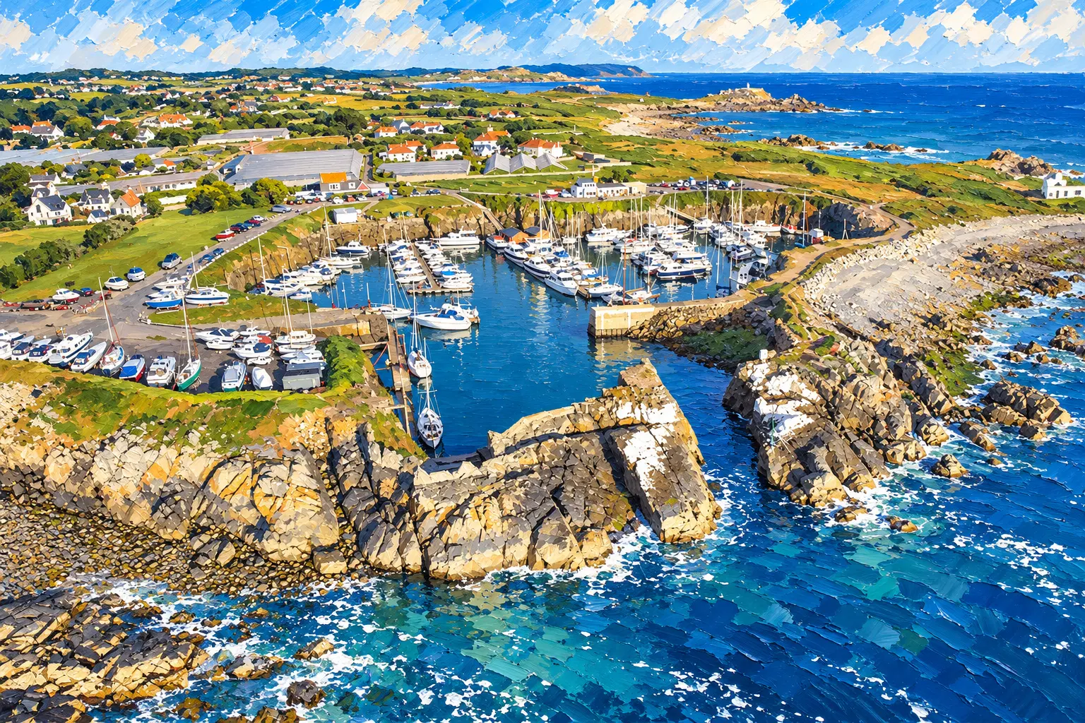 Painting of Beaucette Marina: yachts in a sheltered basin reached through a narrow cut in the granite