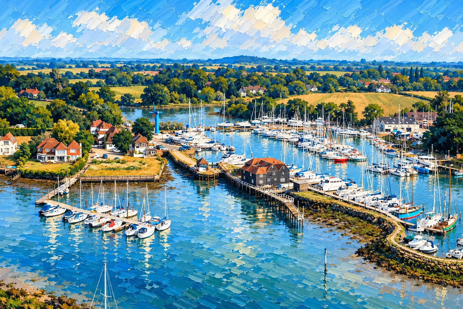 Aerial painting of Birdham Pool: yachts on pontoons in the basin behind its causeway, the old mill building, and green Sussex fields beyond