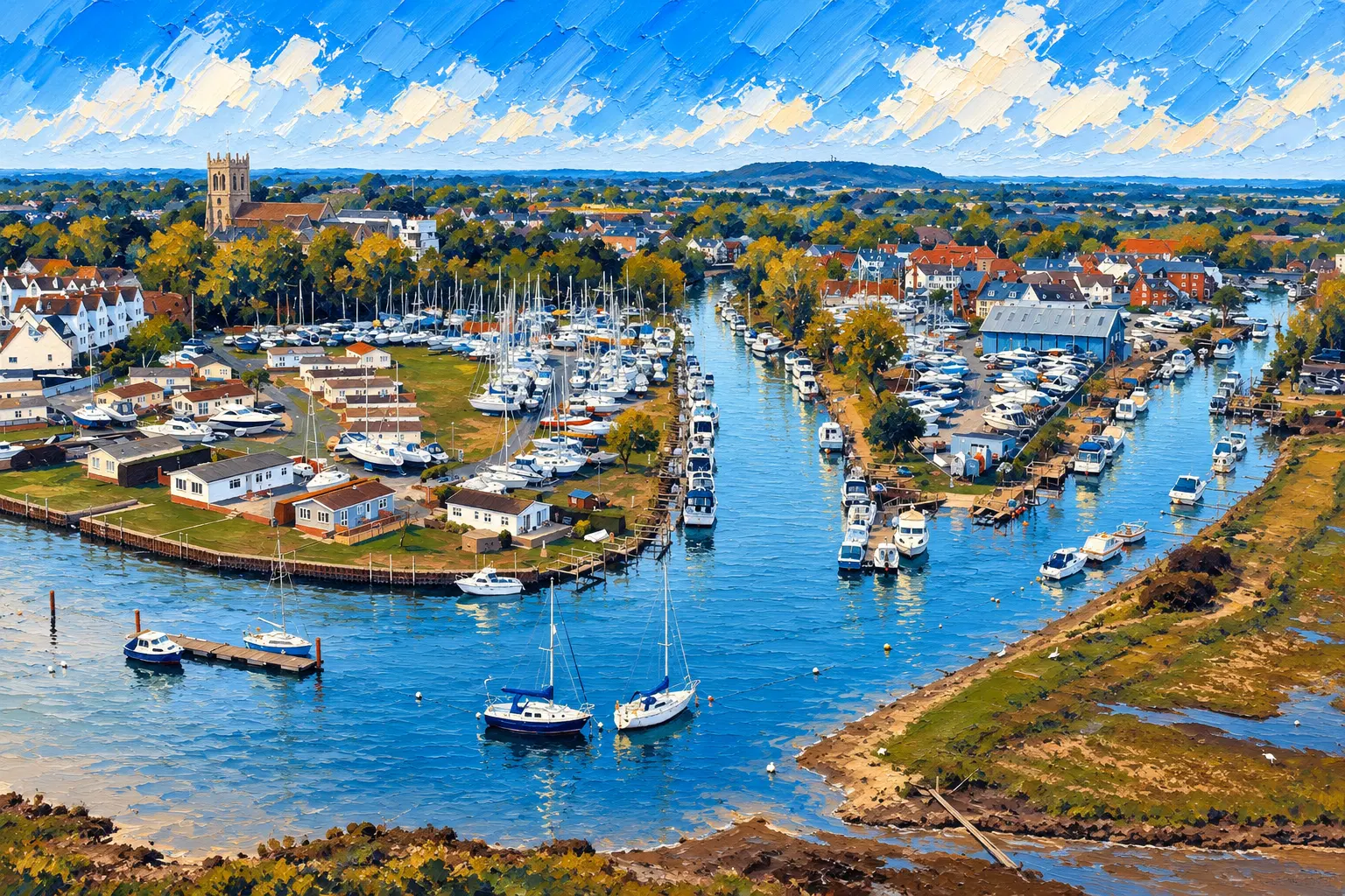 Aerial painting of Christchurch Harbour: boats moored along the river channels, the town and its church tower, and salt marsh in the foreground