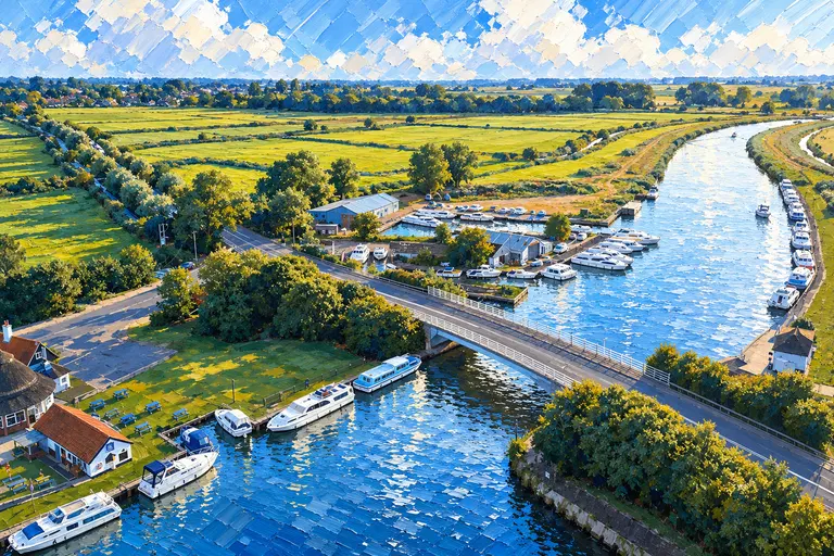 Painting of Acle Bridge over the River Bure from above, with cruisers moored at the riverside pub and boatyard and marshes beyond
