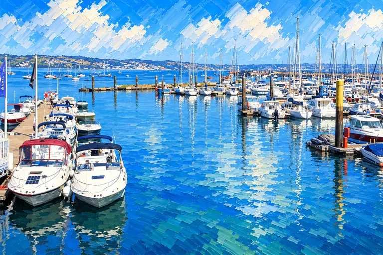 Painting of Brixham harbour with colourful hillside houses and boats in the outer harbour.