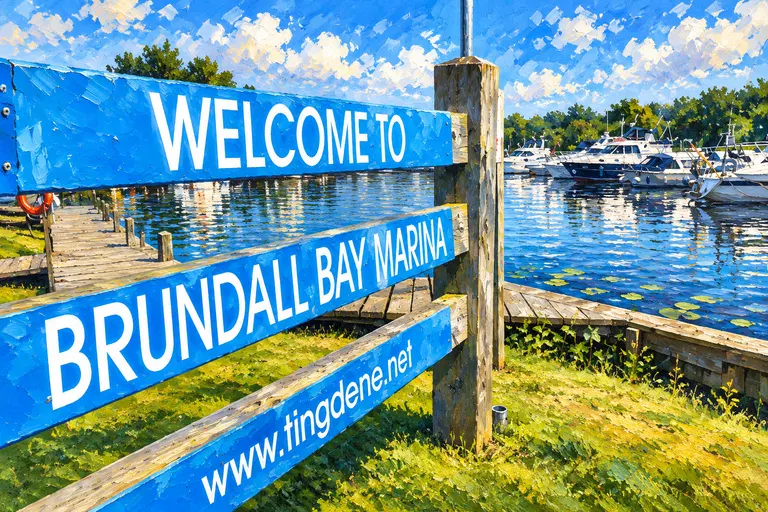 Painting of the blue "Welcome to Brundall Bay Marina" sign beside a wooden jetty, with cruisers moored on the water behind