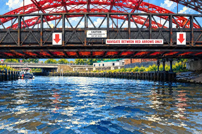 Painting of a bridge at Great Yarmouth seen from the water, with signs reading "Navigate between red arrows only" and a caution to lower windscreens