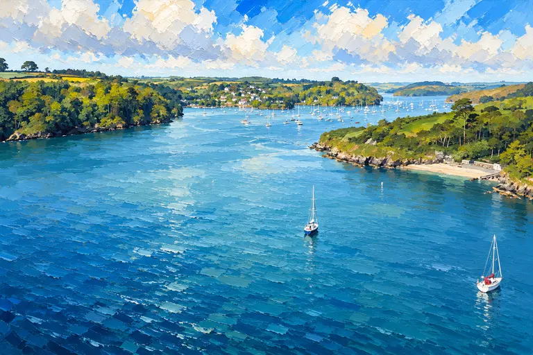 Painting of the wooded Helford River with green visitor moorings.