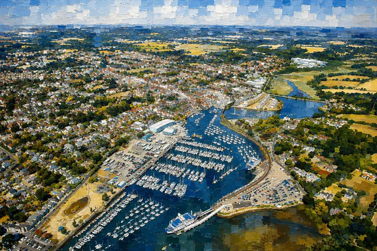Painterly aerial view of Berthon Lymington Marina and shipyard.