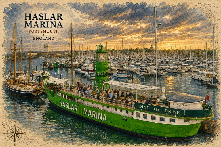 Illustrated view of Haslar Marina and its green lightship at sunset.