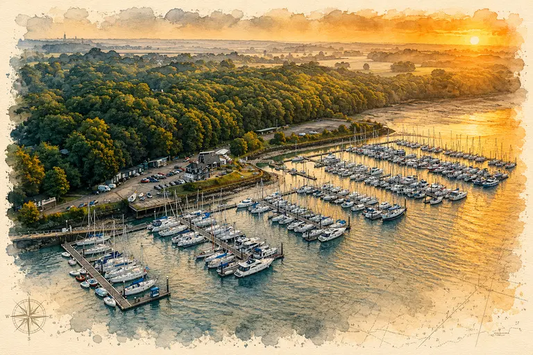 Painterly aerial view of Mercury Yacht Harbour at sunset.