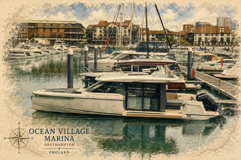 Watercolour-style view across Ocean Village Marina in Southampton.