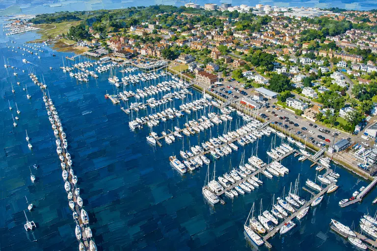 Painterly aerial view of Port Hamble Marina and the River Hamble.