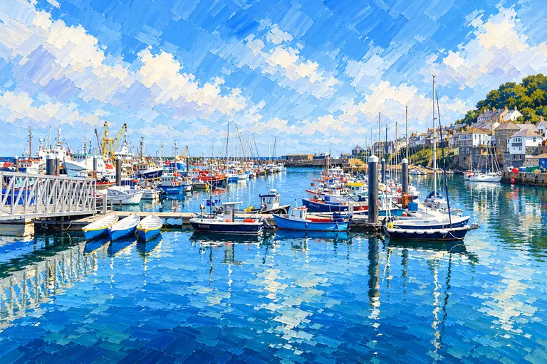 Painting of Newlyn working fishing harbour with fishing boats along the pier.