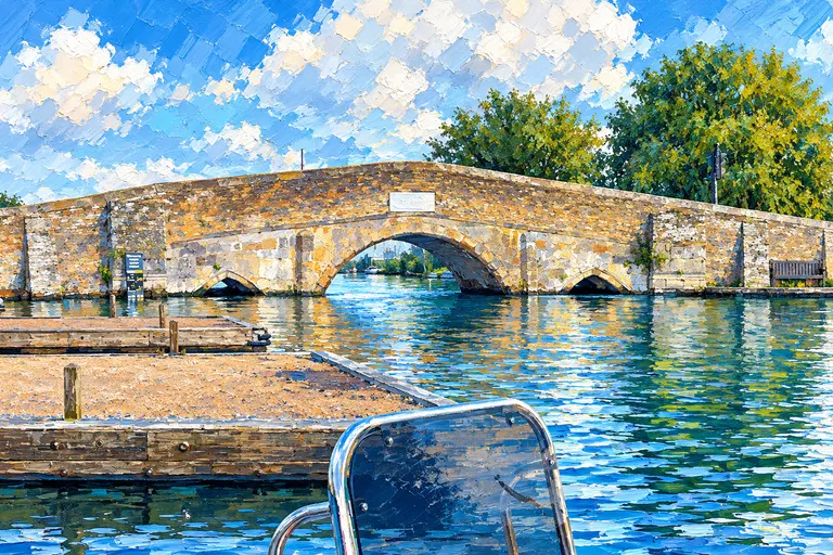 Painting of Potter Heigham’s low stone bridge from the water, looking through the central arch with mooring pontoons to port