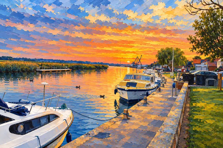 Painting of Reedham Quay at sunset: motor cruisers along the stone quay, reeds and a long golden reflection on the river