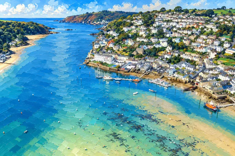 Painting of Salcombe harbour with wooded hills and boats off the town.