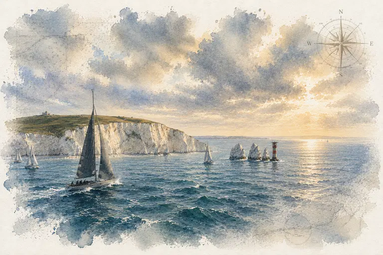 Sailing yachts passing the Needles at the western entrance to the Solent.