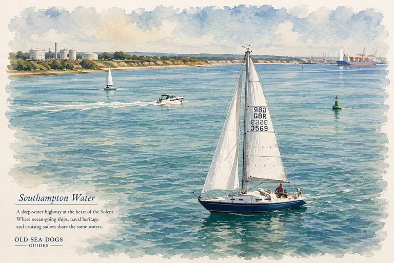 A sailing yacht crossing Southampton Water with commercial shipping in the distance.