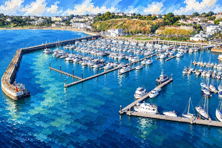 Painting of Torquay harbour on the English Riviera with boats at the pontoons below the town.