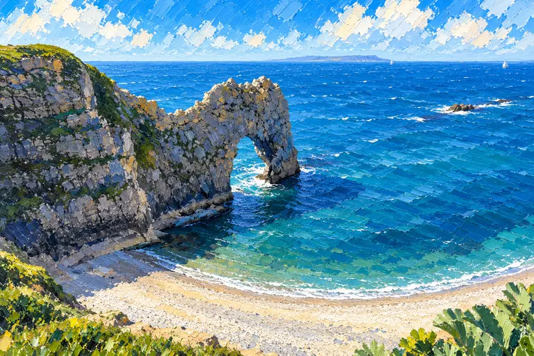 Painting of Durdle Door, the limestone arch on Dorset’s Jurassic Coast, with a yacht and the cliffs beyond.