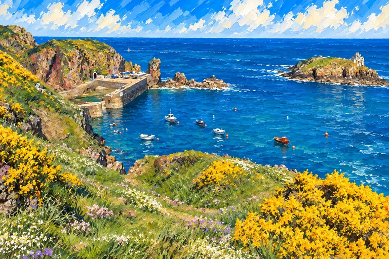 Painting of a Channel Islands coast: gorse-covered cliffs above a small stone harbour, boats moored in a deep blue bay and a rocky islet offshore