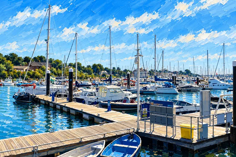 Painting of the Town Quay pontoons at Lymington, crowded with yachts and motor boats, rowing dinghies in the foreground and wooded shore beyond