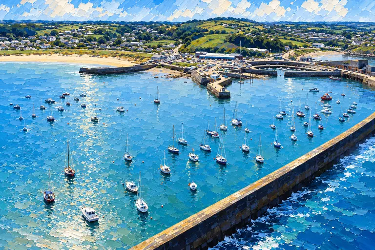 Painting of Braye Harbour, Alderney: yachts on moorings inside a long stone breakwater, with the beach and town behind