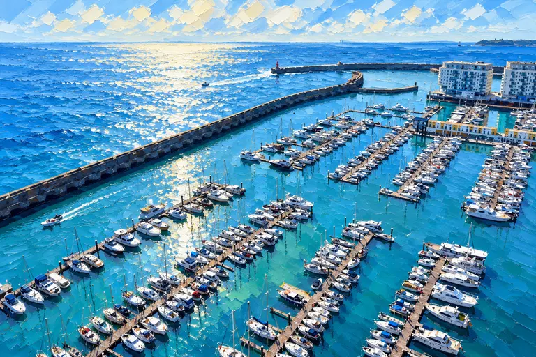 Aerial painting of Brighton Marina: rows of pontoons packed with boats inside the long curved breakwater, with the open Channel beyond