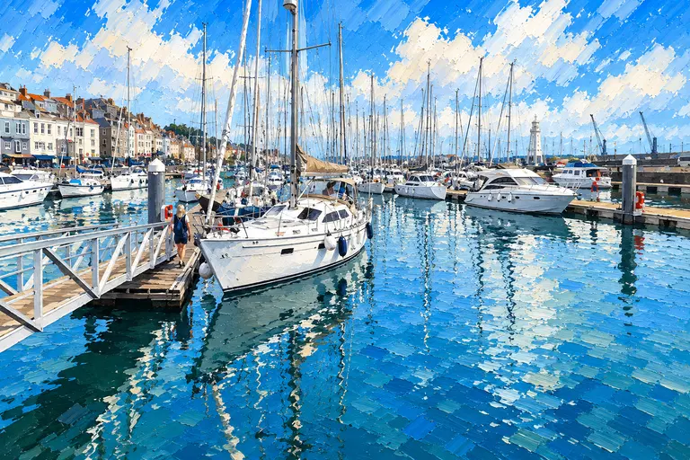 Painting of St Peter Port: yachts on marina pontoons, harbourside buildings and a white lighthouse on the pier