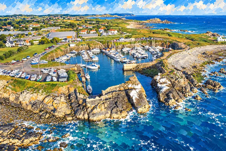 Painting of Beaucette Marina: yachts in a sheltered basin reached through a narrow cut in the granite
