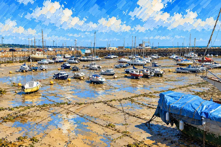 Painting of a Jersey harbour at low tide: boats resting on the sand on their moorings inside the harbour walls